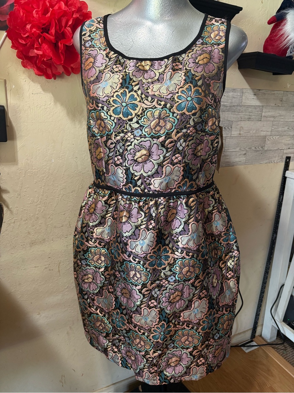Eyeshadow Floral Brocade Midi Dress in Pink, Teal & Gold